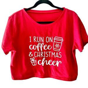 SHEIN Run on Coffee & Christmas Cheer graphic T-shirt Cropped Red Shirt Top XL